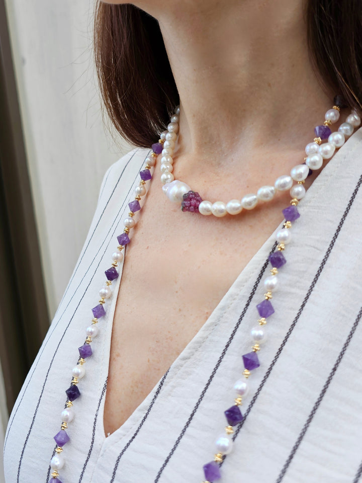 Freshwater Pearls With Raspberry and Baroque Pearl Necklace PN011
