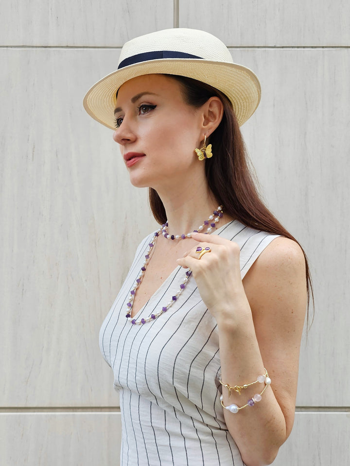 Baroque Pearls With Rose Quartz And Amethyst Double Layers Bracelet PB005