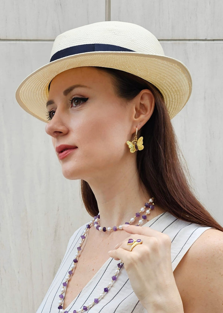 Butterfly With Amethyst Stone Dangle Earrings PE013