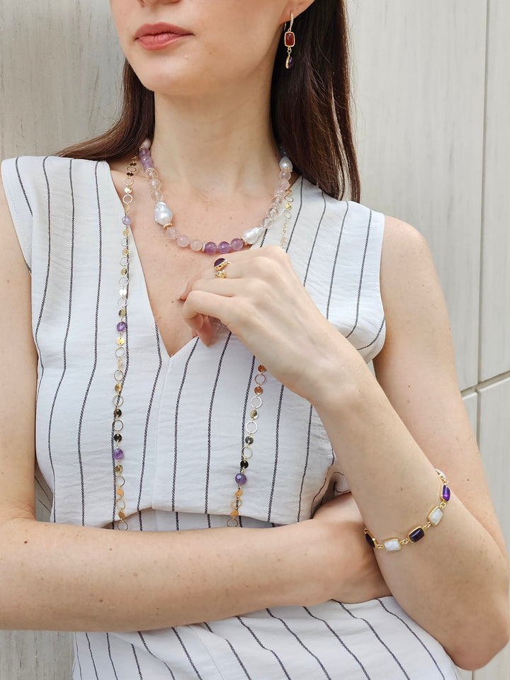 Rose Quartz And Amethyst With Baroque Pearls Necklace PN013