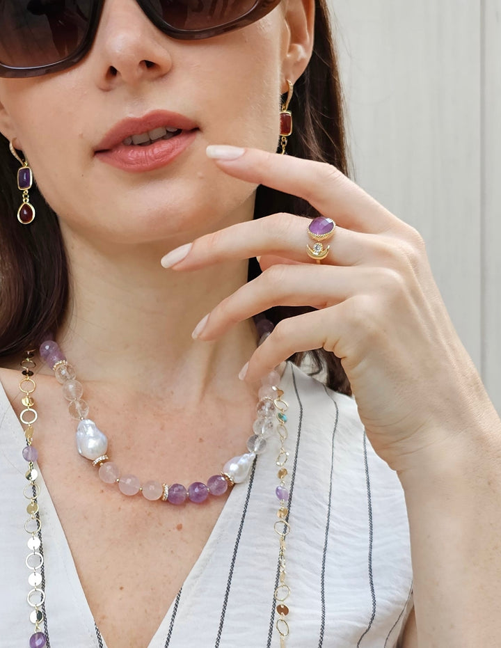 Amethyst And Zircon Adjustable Open Ring PR004