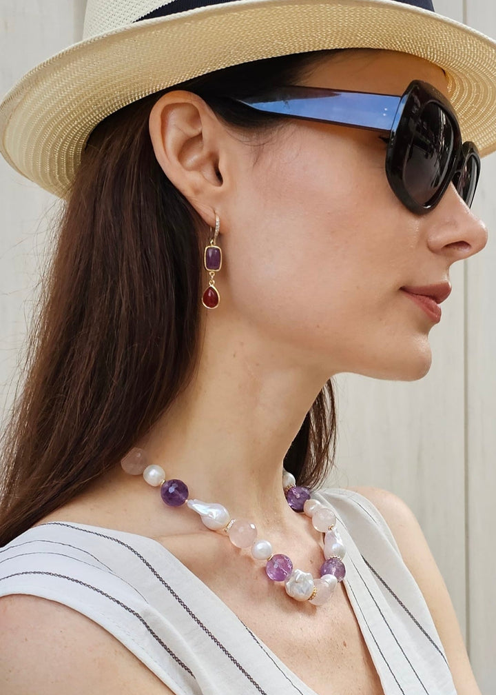 Red Agate And Purple Amethyst Color Matching Dangle Earrings PE012