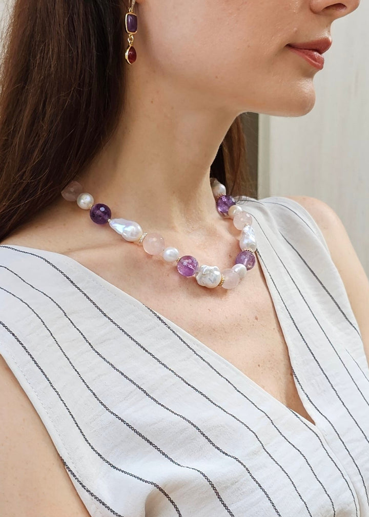 Baroque Pearls With Rose Quartz And Amethyst Necklace PN012