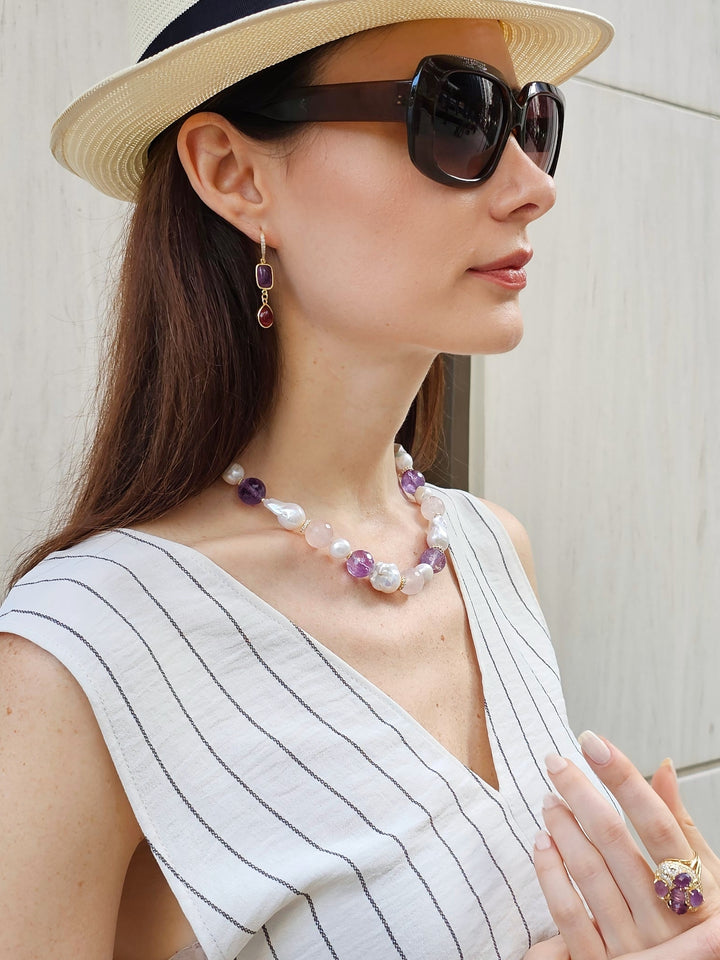 Red Agate And Purple Amethyst Color Matching Dangle Earrings PE012