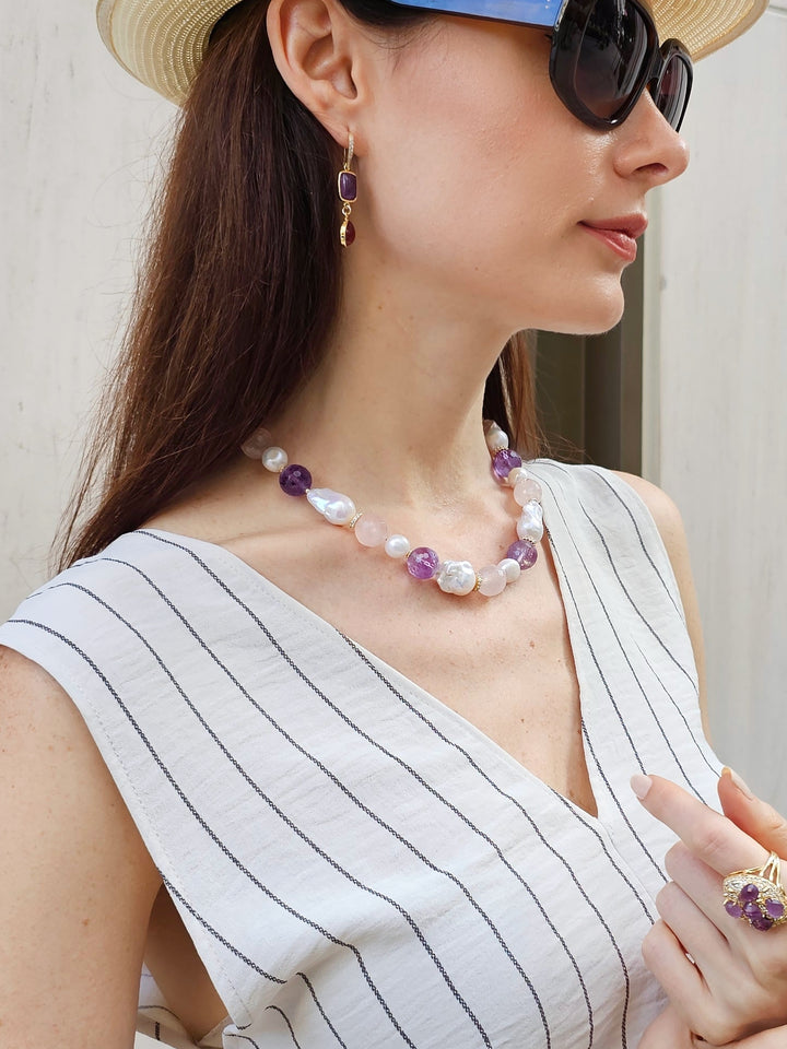 Baroque Pearls With Rose Quartz And Amethyst Necklace PN012