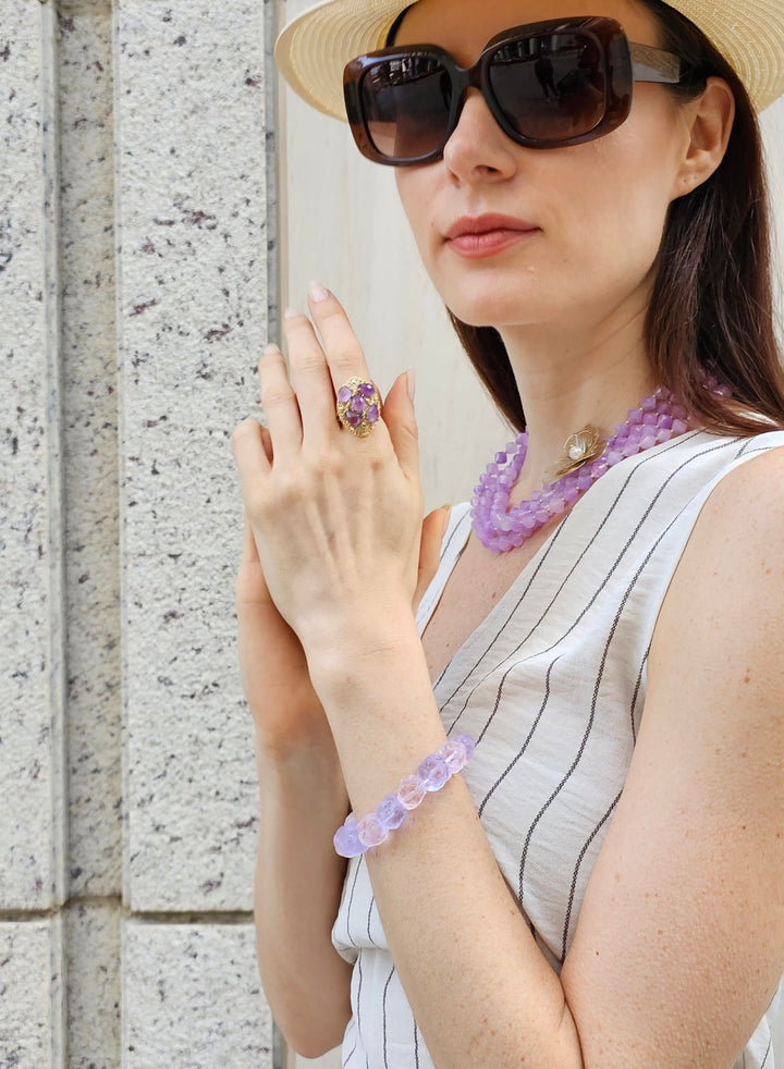 Multi-layers Purple Jade With Flower Charm Necklace PN014