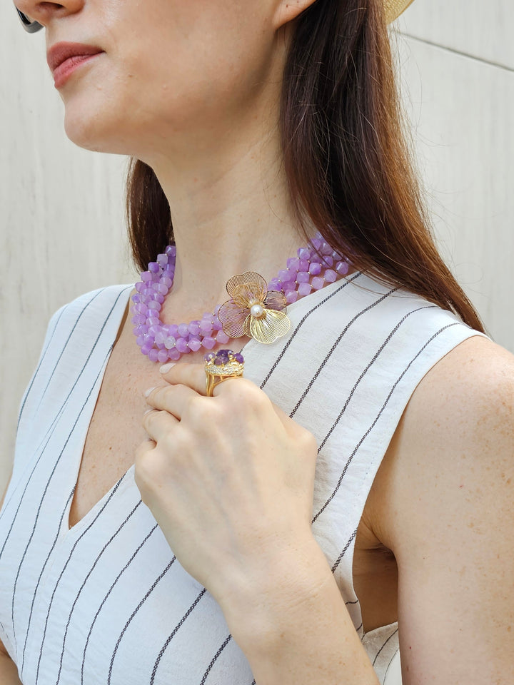 Multi-layers Purple Jade With Flower Charm Necklace PN014