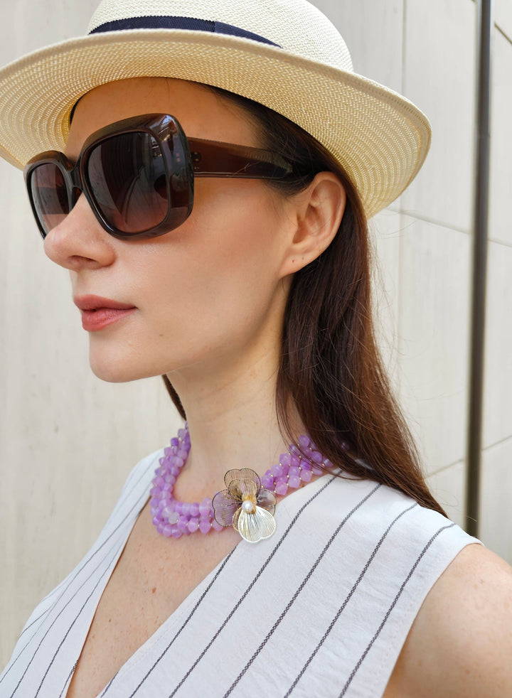 Multi-layers Purple Jade With Flower Charm Necklace PN014