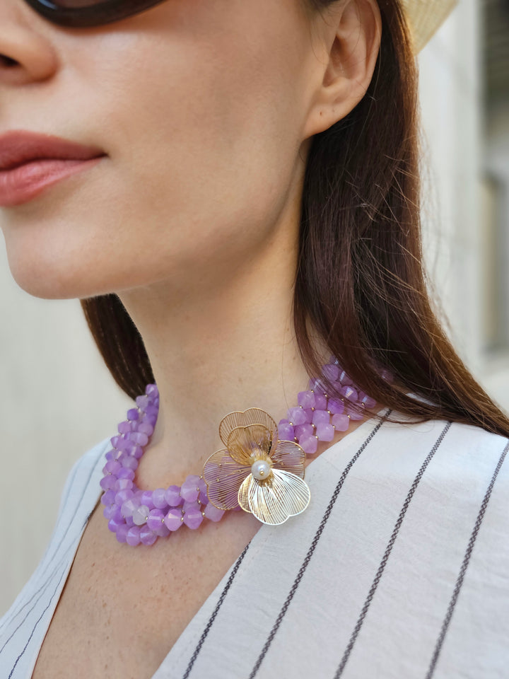 Multi-layers Purple Jade With Flower Charm Necklace PN014
