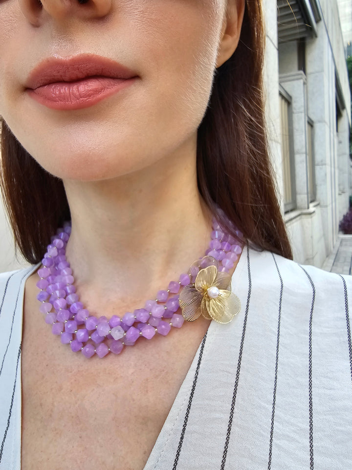 Multi-layers Purple Jade With Flower Charm Necklace PN014