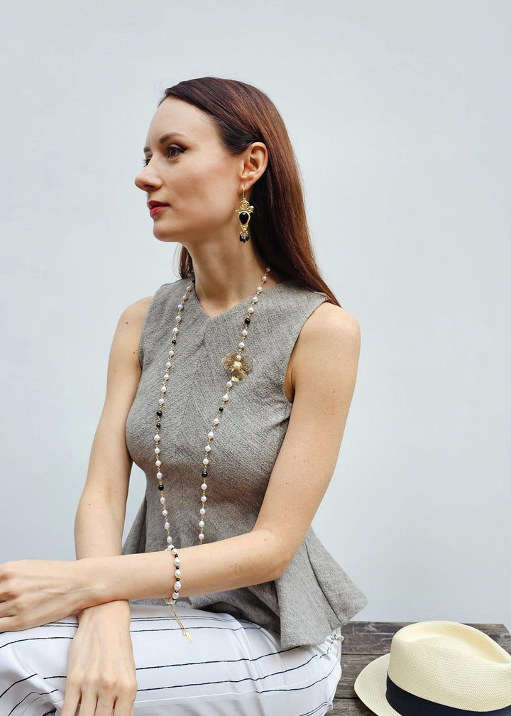Freshwater Pearls And Black Obsidian With Flower Charm Long Necklace PN004