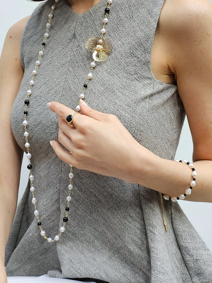 Freshwater Pearls And Black Obsidian With Flower Charm Long Necklace PN004