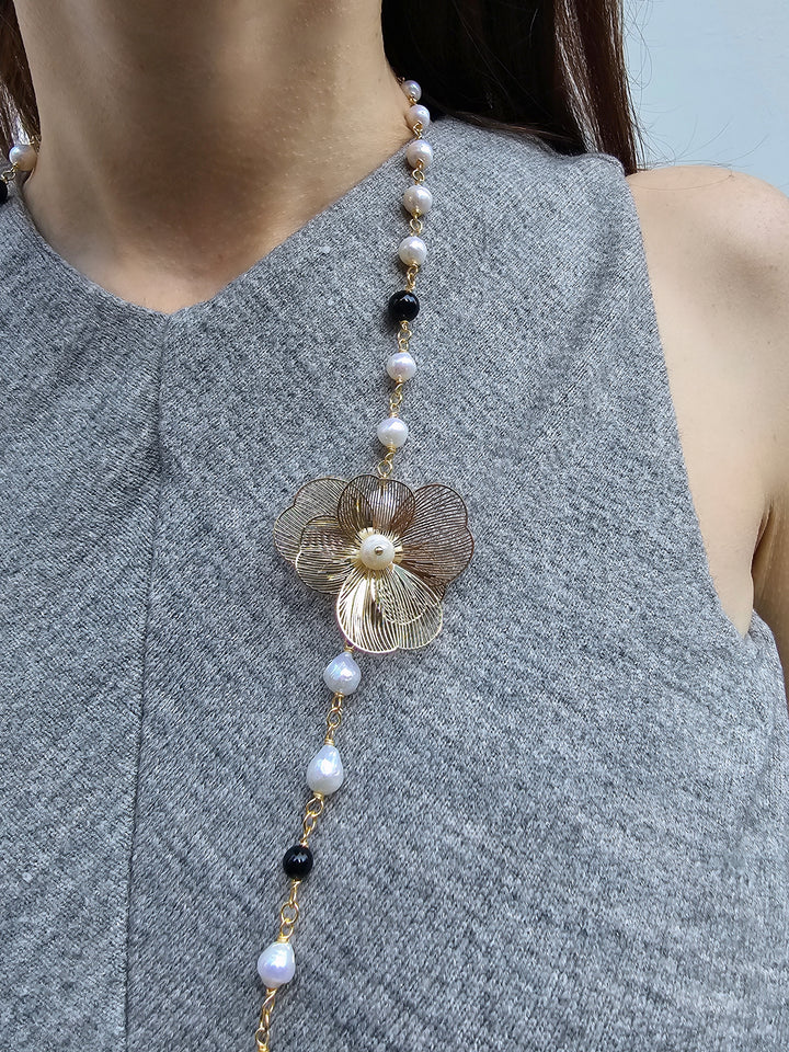 Freshwater Pearls And Black Obsidian With Flower Charm Long Necklace PN004