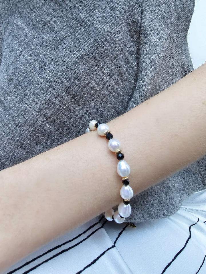 Freshwater Pearls With Black Obsidian Adjustable Bracelet PB001