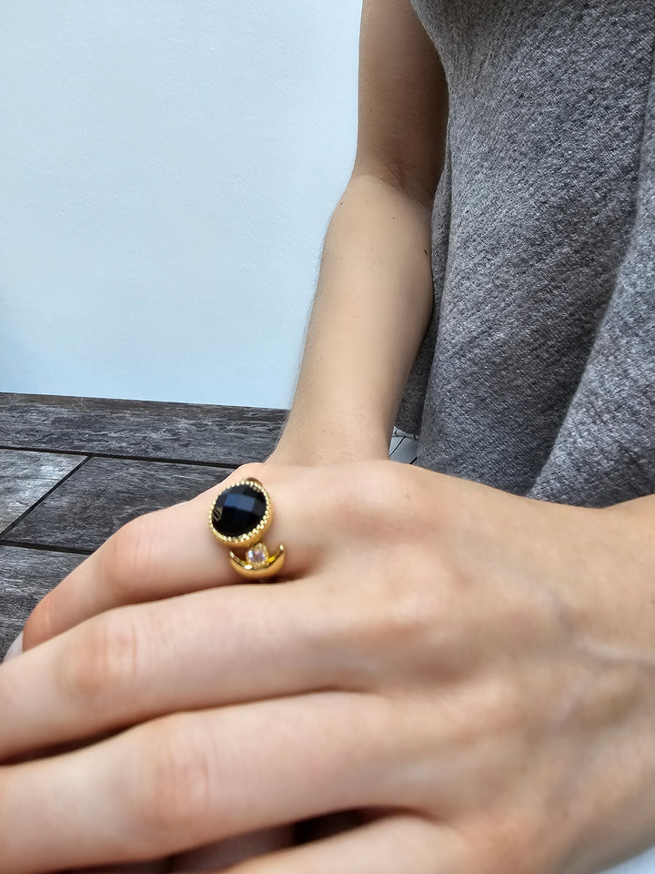 Black Agate And Zircon Open Ring PR001