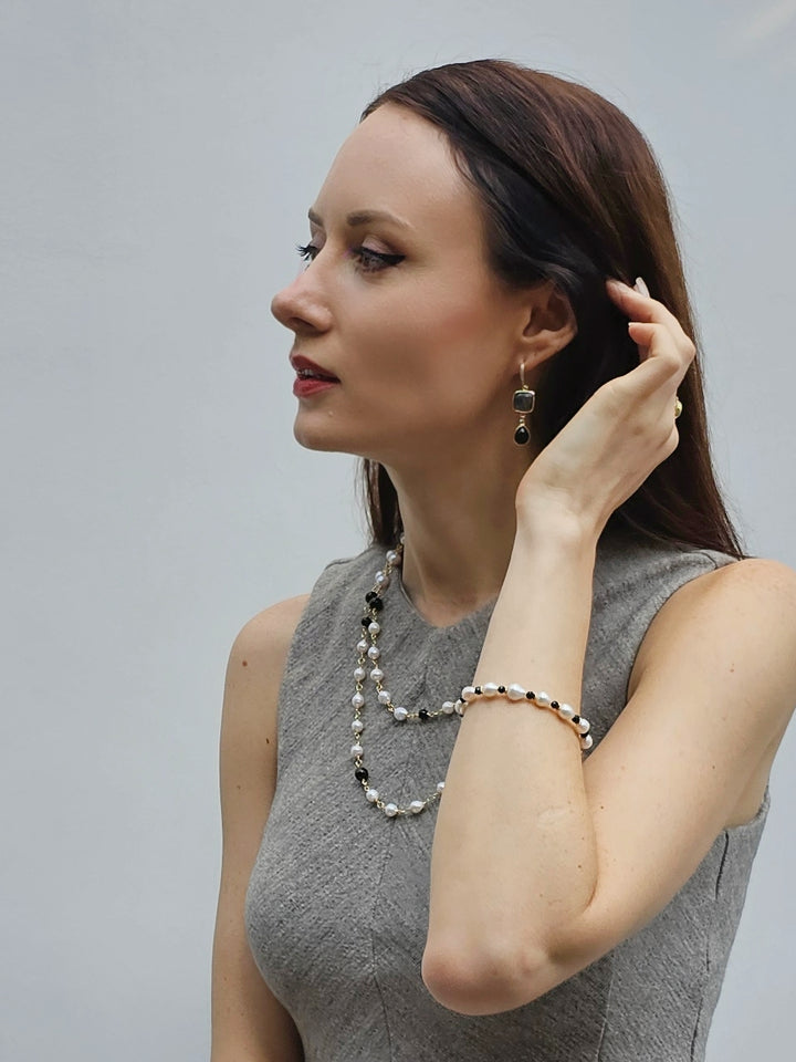 Freshwater Pearls With Black Obsidian Adjustable Bracelet PB001