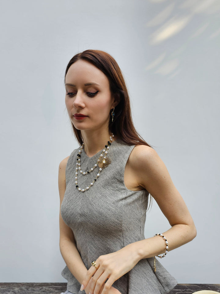 Freshwater Pearls And Black Obsidian With Flower Charm Long Necklace PN004