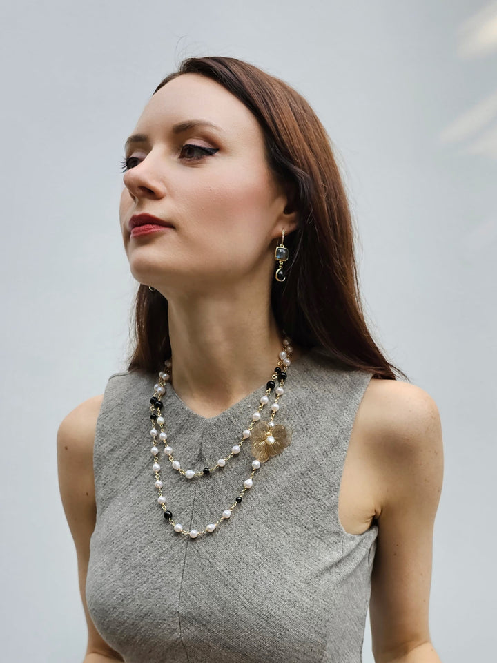 Freshwater Pearls And Black Obsidian With Flower Charm Long Necklace PN004