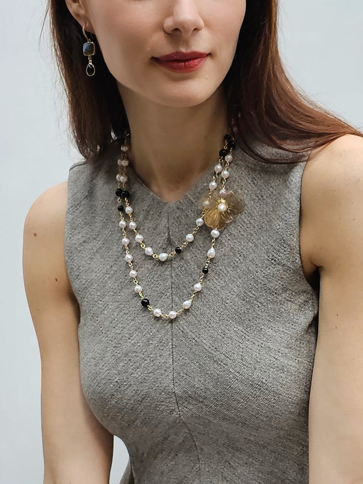 Freshwater Pearls And Black Obsidian With Flower Charm Long Necklace PN004