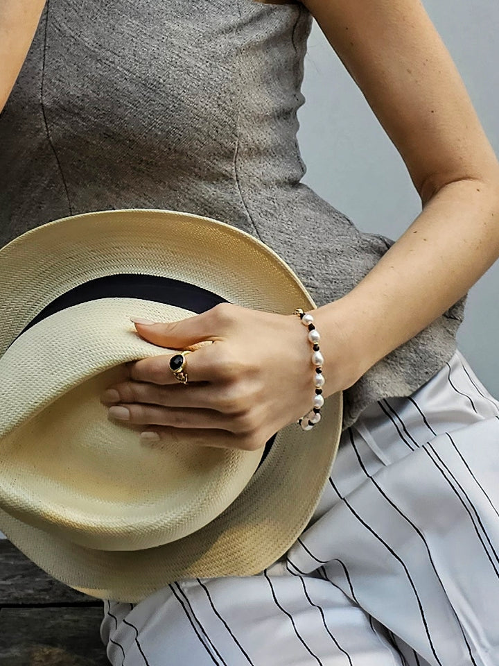 Freshwater Pearls With Black Obsidian Adjustable Bracelet PB001