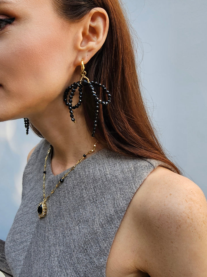 Black Obsidian Crafted Butterfly Knot And Tassel Asymmetric Earrings PE004