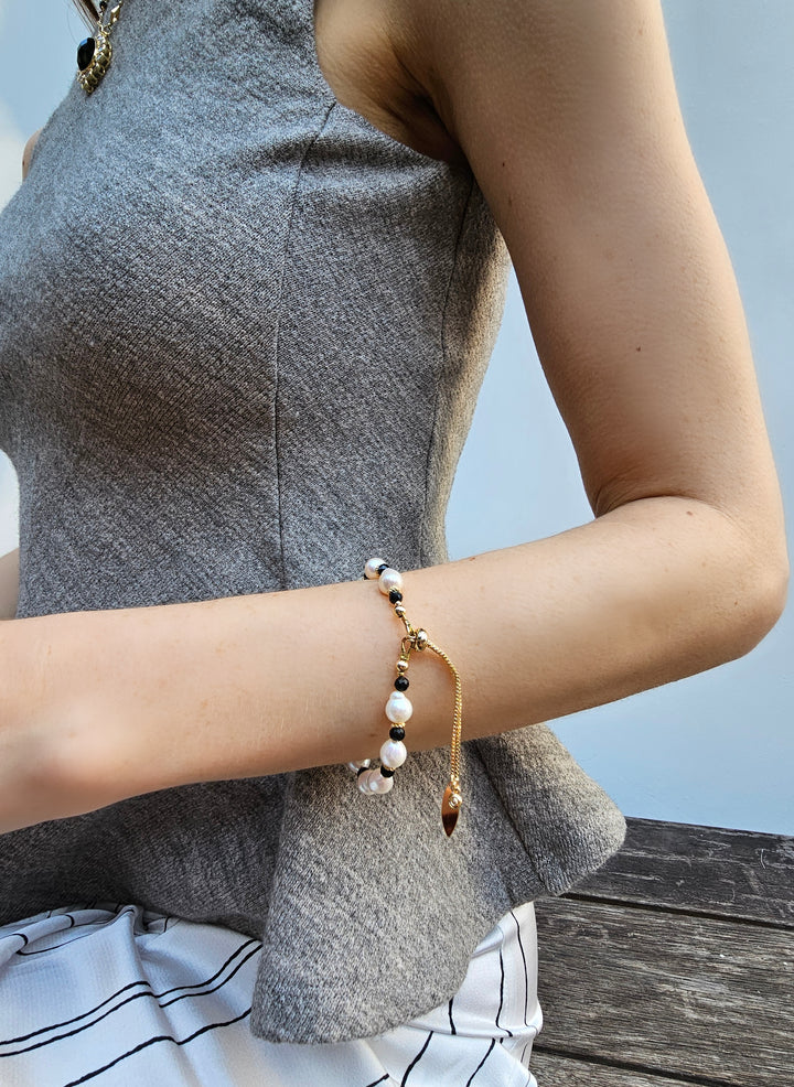 Freshwater Pearls With Black Obsidian Adjustable Bracelet PB001