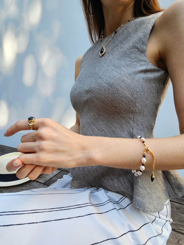 Freshwater Pearls With Black Obsidian Adjustable Bracelet PB001