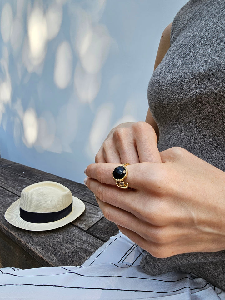 Black Agate And Zircon Open Ring PR001