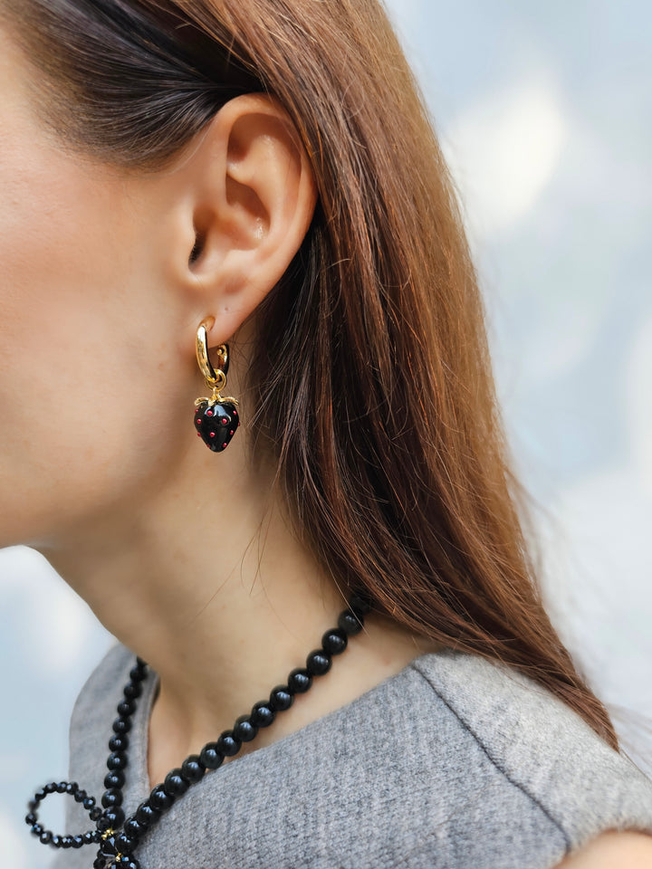 Black Strawberry Dangle Hoop Earrings PE005