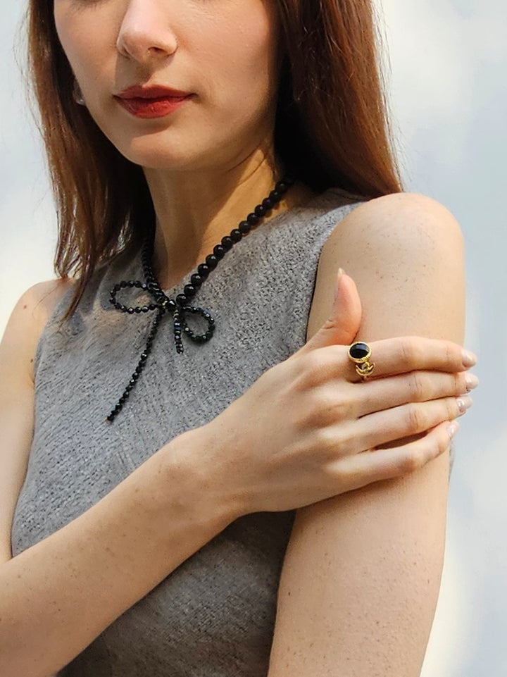 Black Agate And Zircon Open Ring PR001