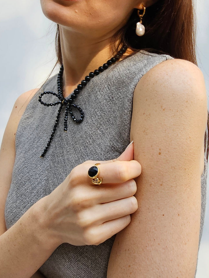 Black Agate And Zircon Open Ring PR001