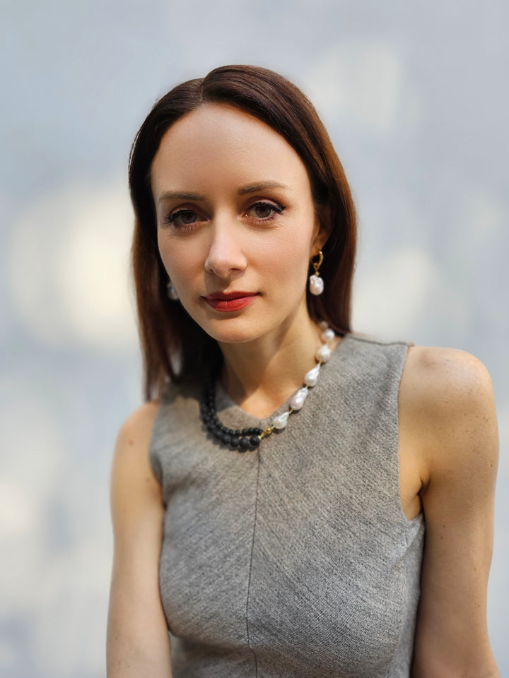 Black Obsidian And White Baroque Pearls Necklace PN003