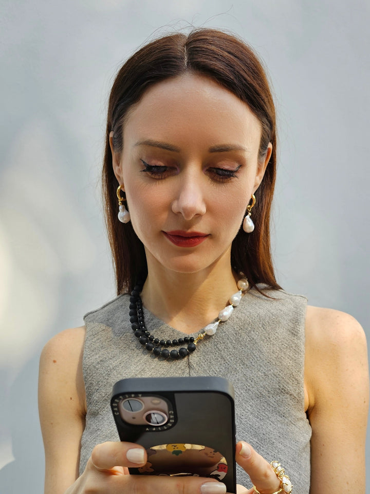 Black Obsidian And White Baroque Pearls Necklace PN003