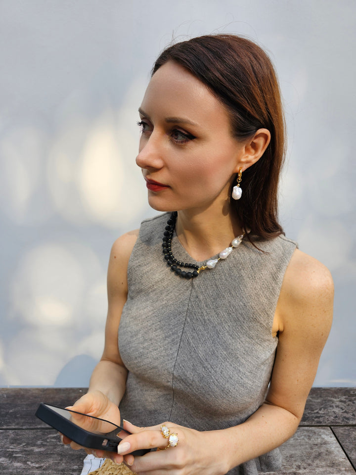 Black Obsidian And White Baroque Pearls Necklace PN003