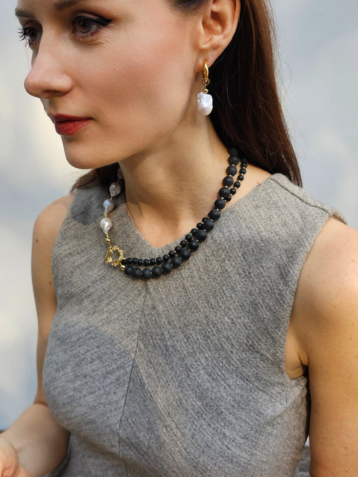 Black Obsidian And White Baroque Pearls Necklace PN003