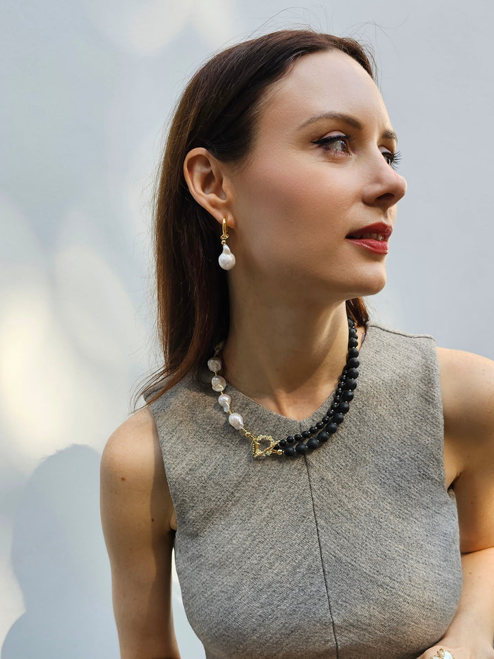 Black Obsidian And White Baroque Pearls Necklace PN003