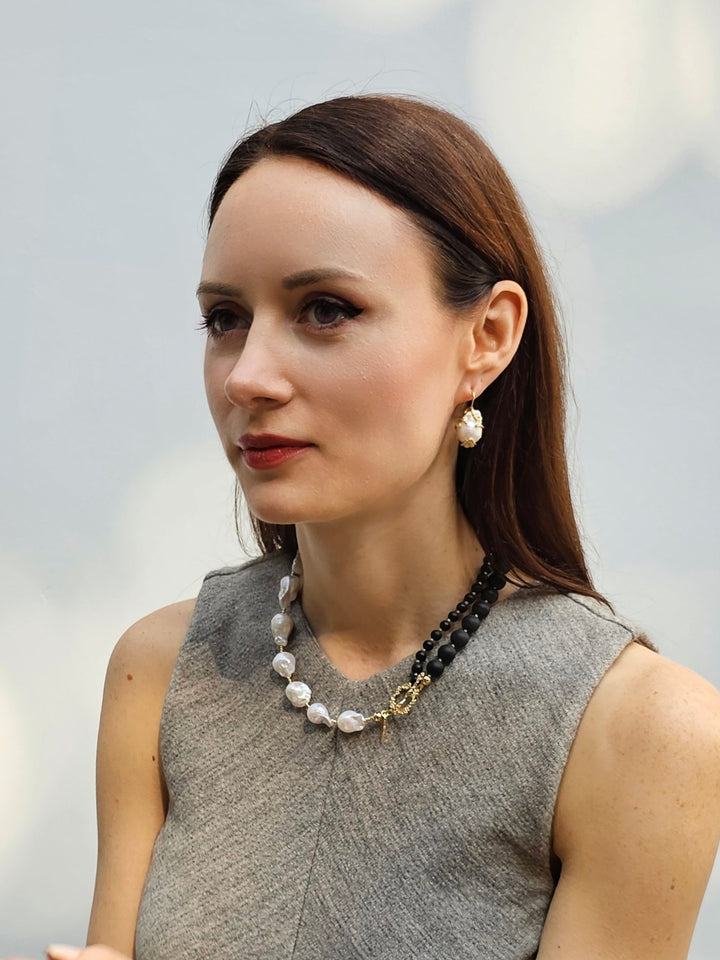 Black Obsidian And White Baroque Pearls Necklace PN003