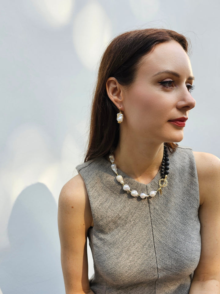 Black Obsidian And White Baroque Pearls Necklace PN003