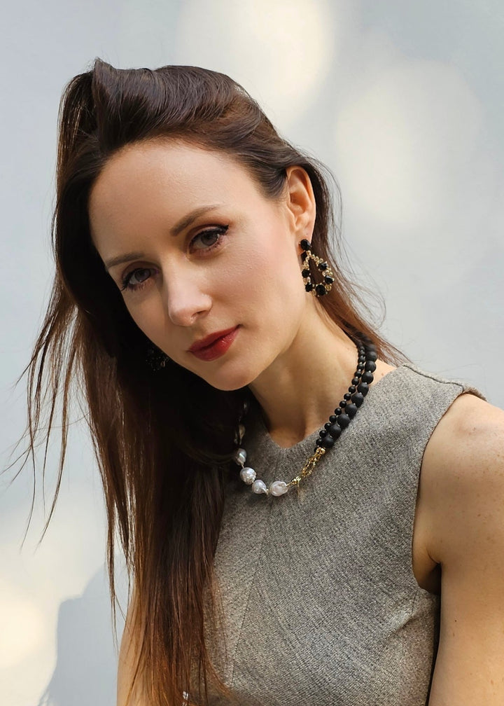 Teardrop Shaped Black Obsidian Statement Earrings PE001