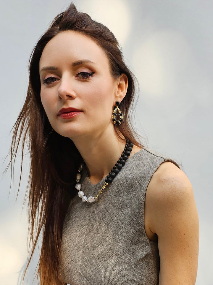 Black Obsidian And White Baroque Pearls Necklace PN003