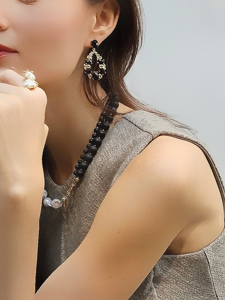 Teardrop Shaped Black Obsidian Statement Earrings PE001