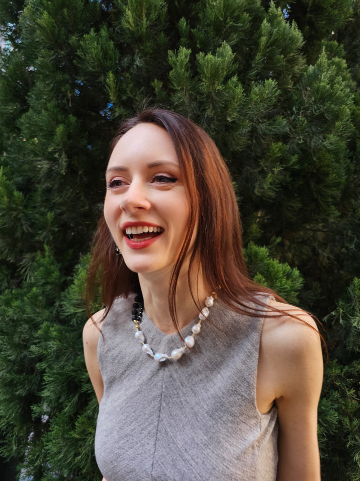 Black Obsidian And White Baroque Pearls Necklace PN003