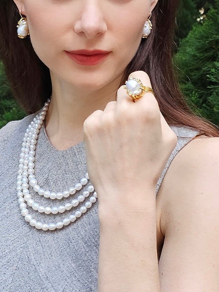 Baroque Pearls With Gold Band Adjustable Ring PR002