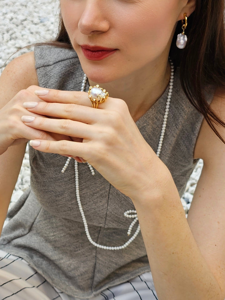 Baroque Pearls With Gold Band Adjustable Ring PR002