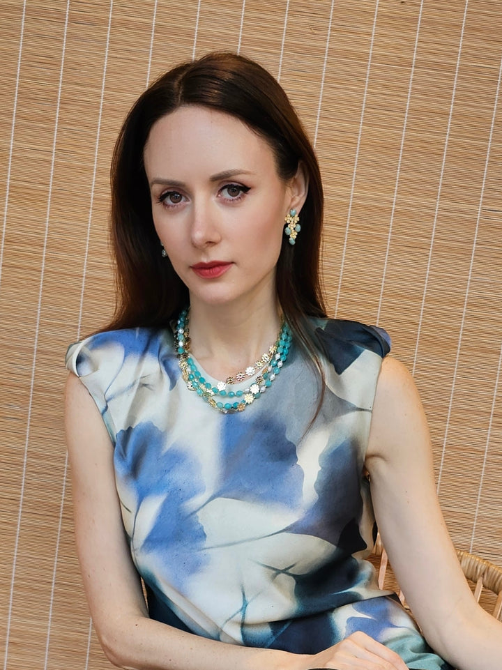 Amazonite With Flower Chain Double Layers Necklace PN016