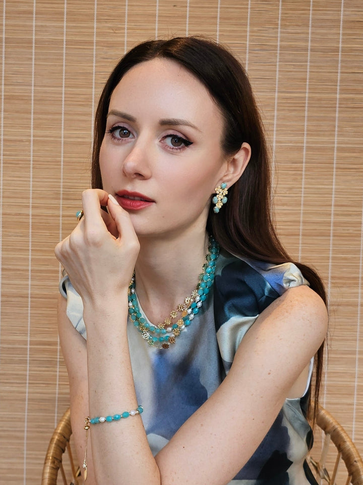 Amazonite Flower Setting Statement Earrings PE014