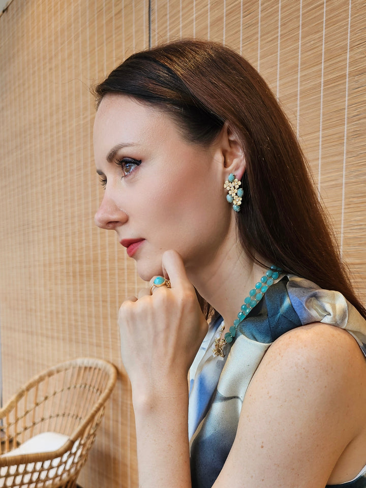Amazonite Flower Setting Statement Earrings PE014