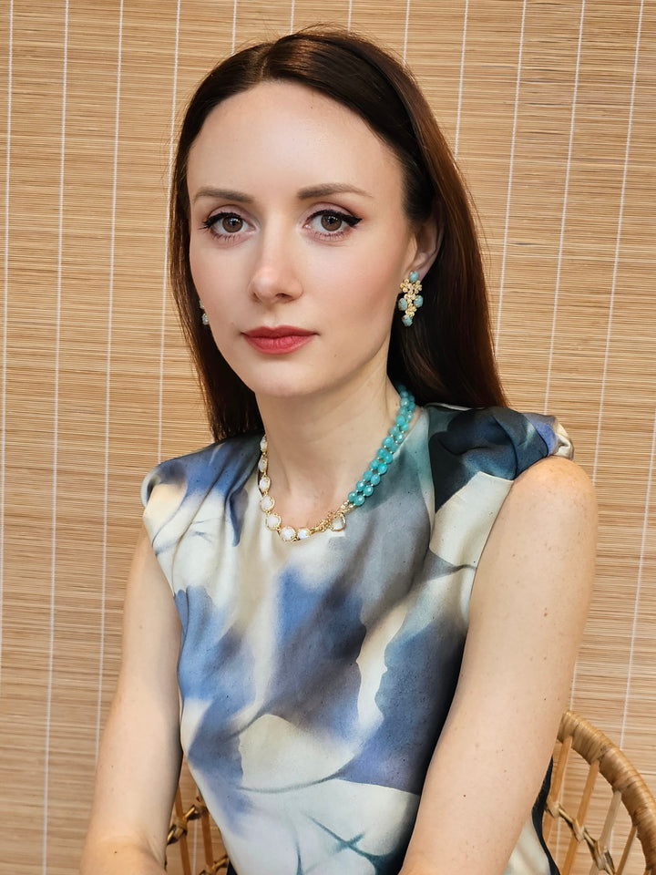 Amazonite Flower Setting Statement Earrings PE014