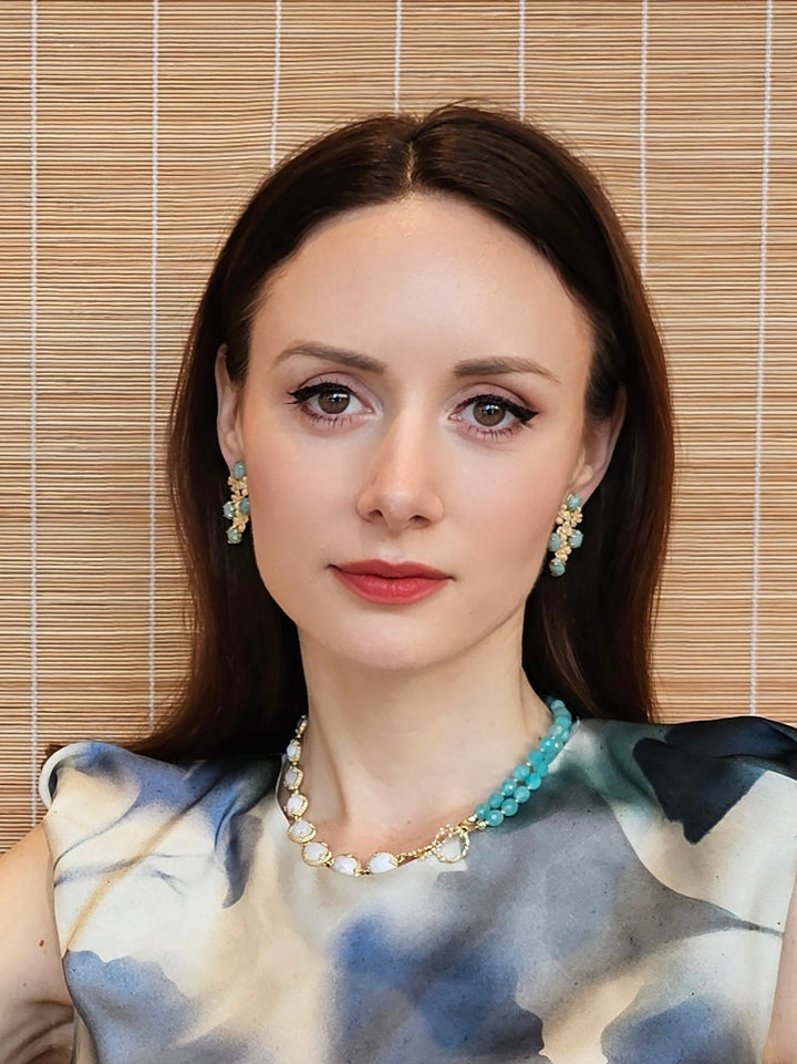 Amazonite Flower Setting Statement Earrings PE014