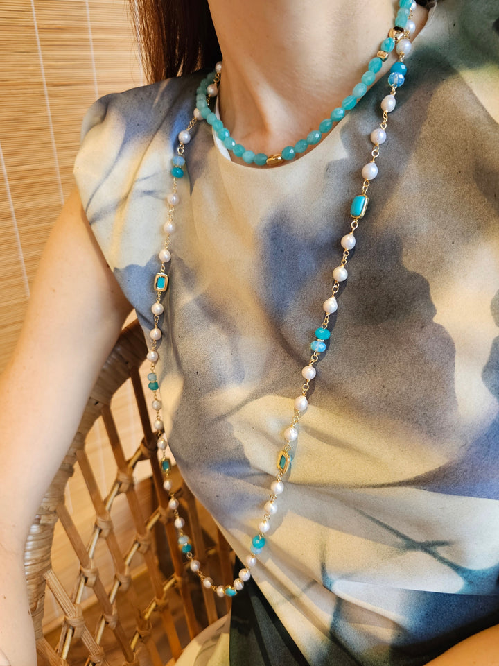 Freshwater Pearls With Turquoise Long Necklace PN018